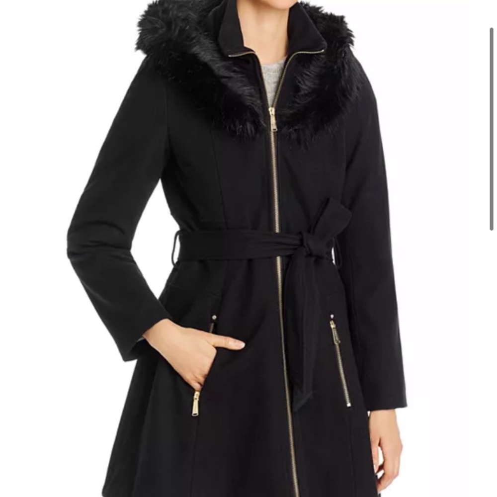 Laundry by Shelli Segal Hooded Faux Fur Trim Coat